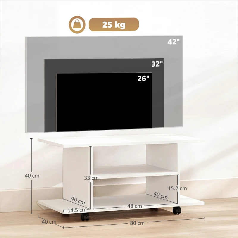 HOMCOM Mobile Porta TV Moderno con Ripiani, Ruote Girevoli e Freni, 80x40x40 cm, Bianco