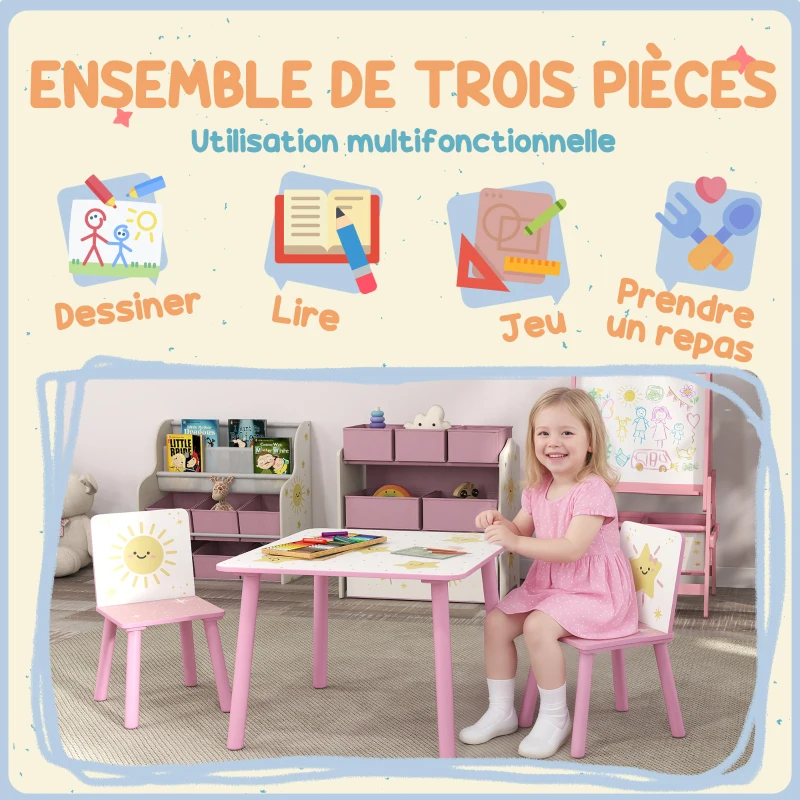 AIYAPLAY Table enfant avec chaise, ensemble table et 2 chaises enfant en bois, motifs d'étoile, 60 x 60 x 44 cm, rose