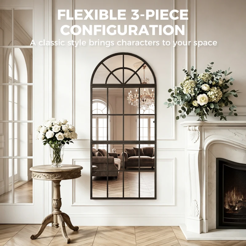 HOMCOM Large Arched Wall Mirror with Metal Grid, 3-Piece Split Window Mirrors, 120 x 54 cm, Black