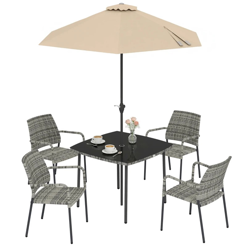 Outsunny 4 Seater Rattan Dining Set with Parasol, 6 Piece Garden Table and Stackable Chairs with Tempered Glass Tabletop