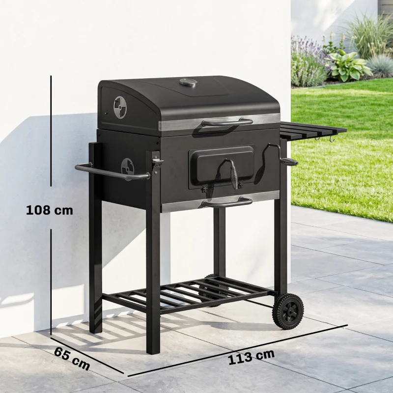 Outsunny Barbecue a Carvão com Rodas Tampa Grelhas de Aço Inoxidável Termômetro Bandeja Lateral e Prateleira 113x65x108 cm Preto