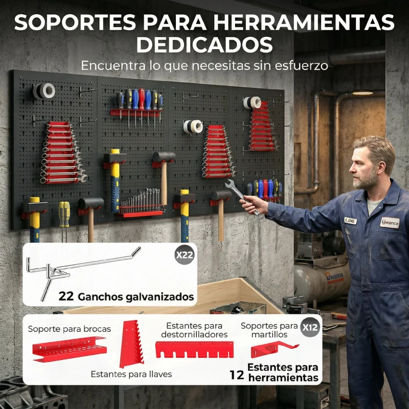 HOMCOM 4 Paneles de Herramientas de Pared 38 Piezas cada panel 60x40 cm con Ganchos y Estantes Negro y Rojo