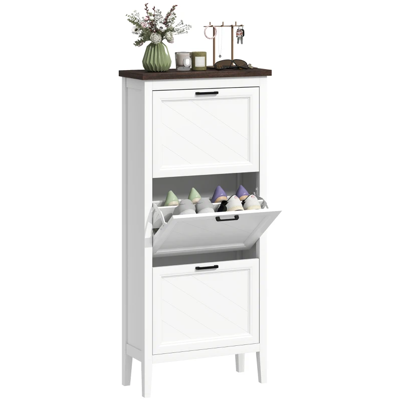 HOMCOM Shoe Cabinet with 3 Flip Drawers, Farmhouse Narrow Shoe Storage Cabinet with Adjustable Shelves, White