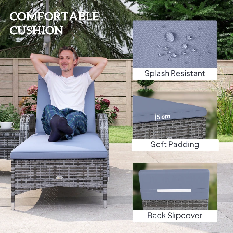 Outsunny 2 Seater Rattan Sun Lounger Set with Side Table-Grey