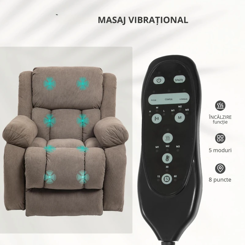HOMCOM Fotoliu Rabatabil până la 150° cu 8 Puncte de Masaj, 2 Telecomenzi și Suport pentru Picioare, 93x104x100 cm, Maro