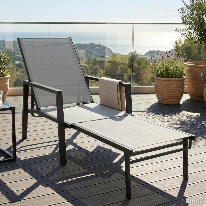 Outsunny Tumbona Plegable con Reposapiés Retráctil Respaldo Ajustable 5 Niveles Tela de Textilene Marco Acero Gris Oscuro