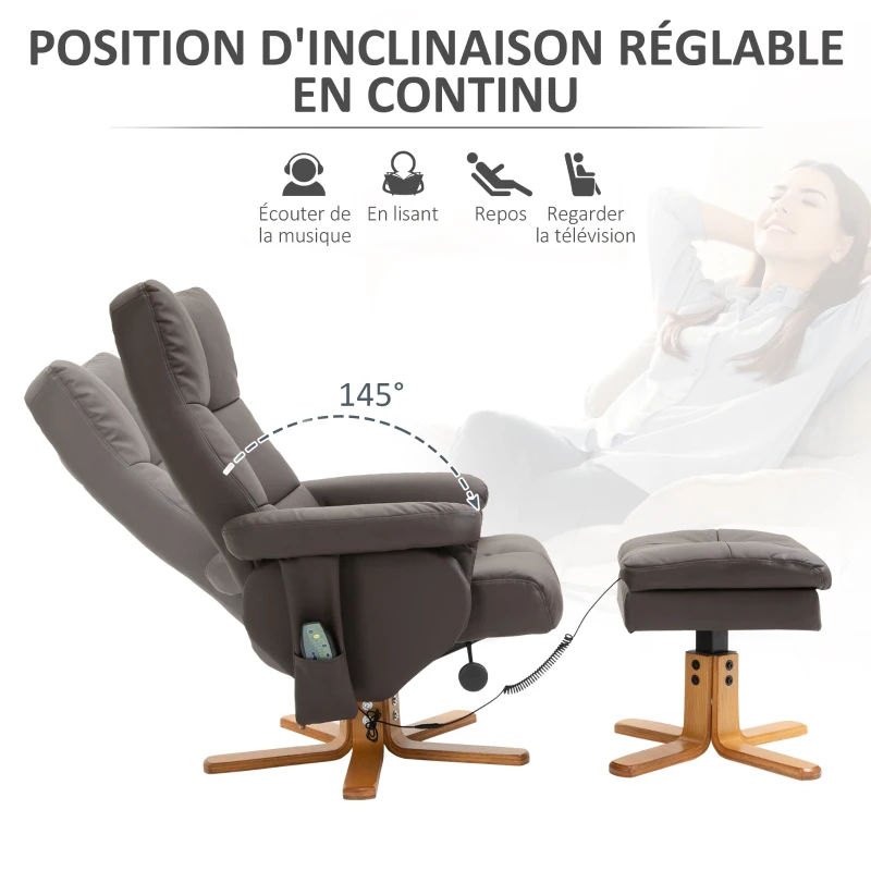HOMCOM Fauteuil relax massant avec pouf, fauteuil de relaxation pivotant à 360°, dossier inclinable, 80 x 86 x 99 cm, marron