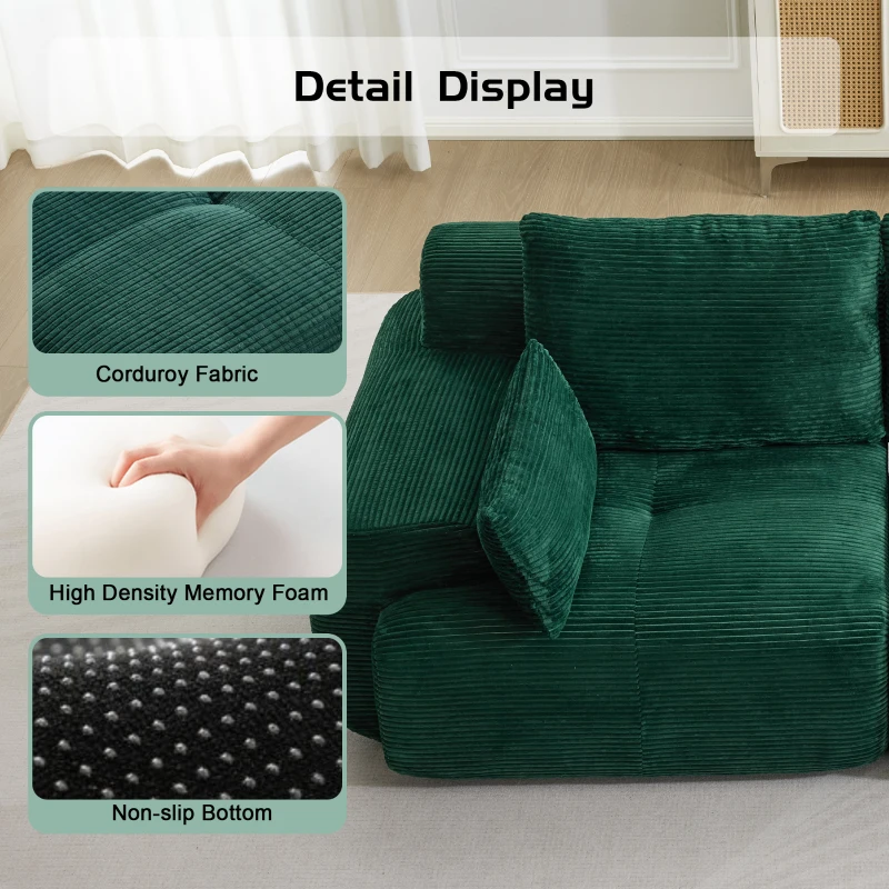 Modernes Sofa aus komprimiertem Memory-Schaumstoff, große Sofagarnitur für das Wohnzimmer, haustierfreundliches modulares Sofagarnitur Cloud, Cordstoff, kein Zusammenbau erforderlich, grün