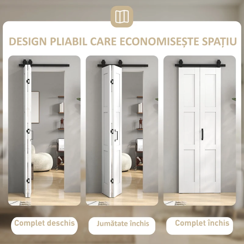 HOMCOM Ușă Culisantă Pliabilă pentru Interior 71.2x213.4cm, Șină Silențioasă din Oțel, Mâner, Ghidaj, Role, Ușă de Interior Rustică, din MDF și Lemn de Pin, Impermeabilă, pentru Bucătărie, Baie