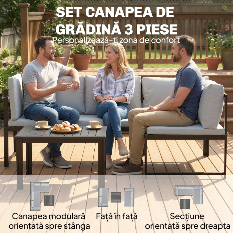 Outsunny Set Mobilier de Grădină 3 Piese cu Colțar 4 Locuri și Măsuță, Metal și Poliester Gri