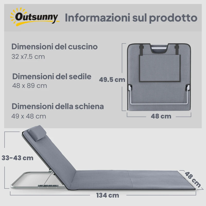 Outsunny Set 2 Sdraio da Spiaggia con Schienale Regolabile su 5 Livelli, Poggiatesta e Borsa da Viaggio, Lettini Spiaggia Pieghevoli Portatili in Acciaio e PE, 134x48x33-43 cm, Grigio