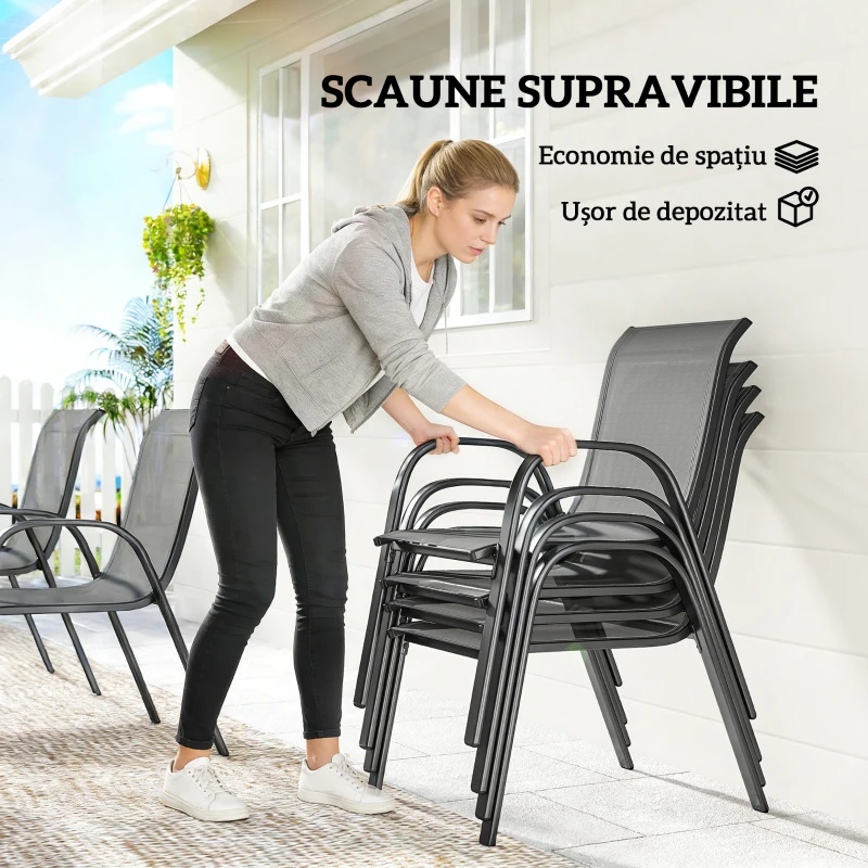 Outsunny Set de Grădină 7 piese din Oțel cu Masă Dreptunghiulară și 6 Scaune Stivuibile din Textilenă, Gri Deschis