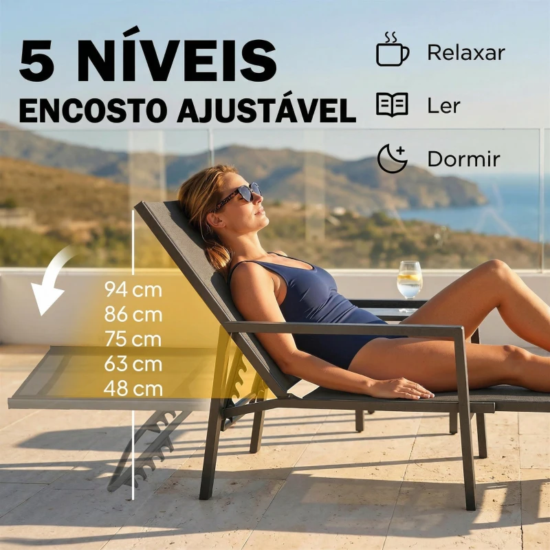 Outsunny Espreguiçadeira Dobrável com Apoio para os Pés Retrátil Encosto Ajustável em 5 Níveis Tecido Textilene Estrutura de Aço Cinza Escuro