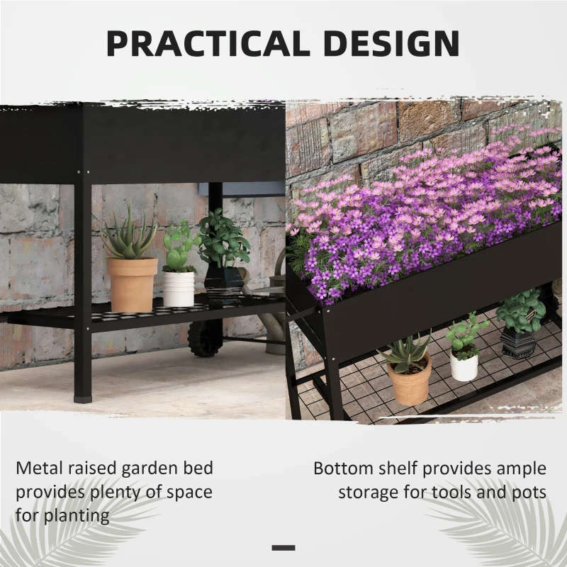 Outsunny Raised Garden Planter on Legs dim. 109L x 39l x 80H cm Shelf 2 Wheels + Irrigation Insert Metal Black
