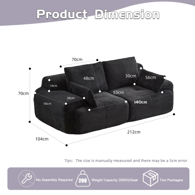 Modernes Memory-Schaum-Sofa, 2-Sitzer, große Sofagarnitur für das Wohnzimmer, haustierfreundliches, modulares Sofa, Cordstoff, extra tiefes Sofa, kein Zusammenbau erforderlich, Schwarz