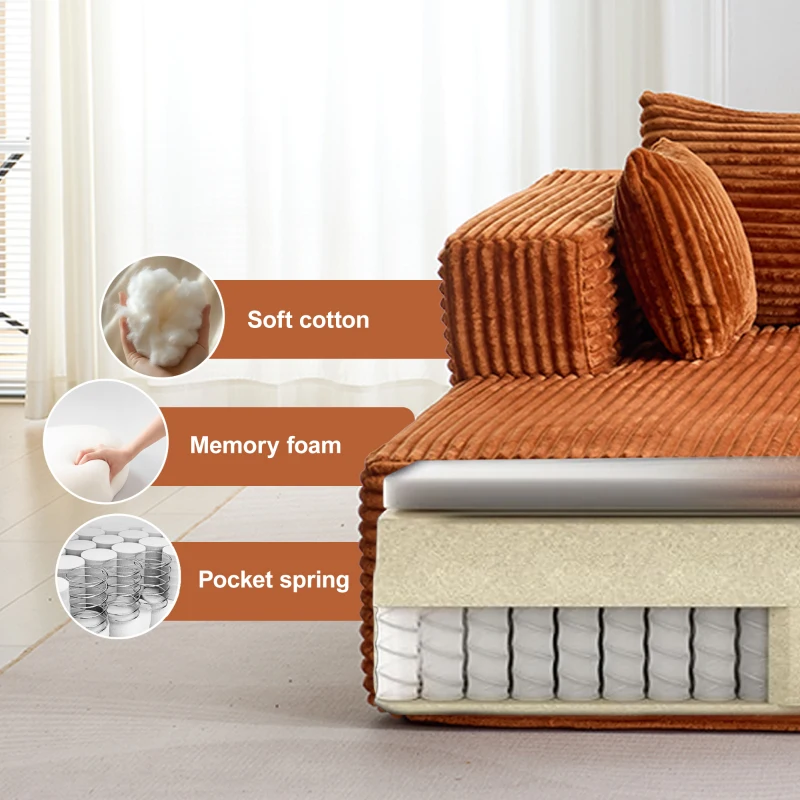 Kompressions-Sofagarnitur mit bequemer Chaiselongue, knochenloses L-förmiges Sofa mit tiefem Sitz, minimalistische modulare Sofas zum Schlafen für Wohnzimmer, Schlafzimmer, Apartment, Lounge, Cord, Braun