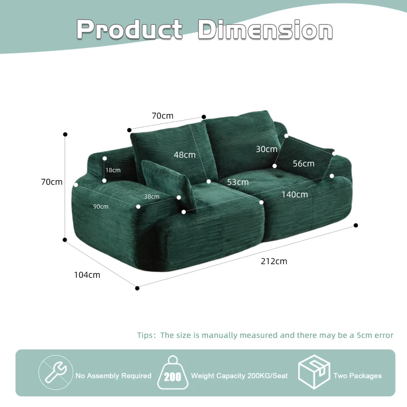 Modernes Sofa aus komprimiertem Memory-Schaum, 2-Sitzer, große Sofagarnitur für das Wohnzimmer, haustierfreundliches modulares Sofagarnitur Cloud, Cordstoff, extra tiefes Sofa, kein Zusammenbau erforderlich, Grün
