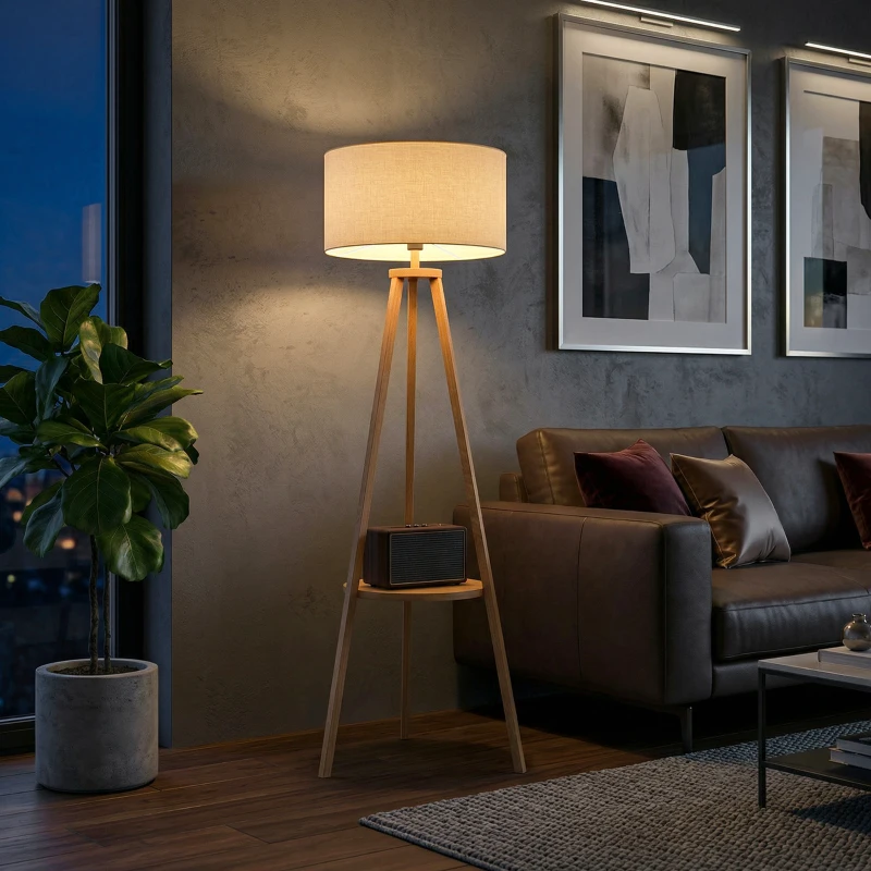 HOMCOM Lampada da Terra con Ripiano Intermedio Paralume in Lino Interruttore a Pedale Risparmio Energetico Altezza 154cm, Legno, 50x50x154 cm