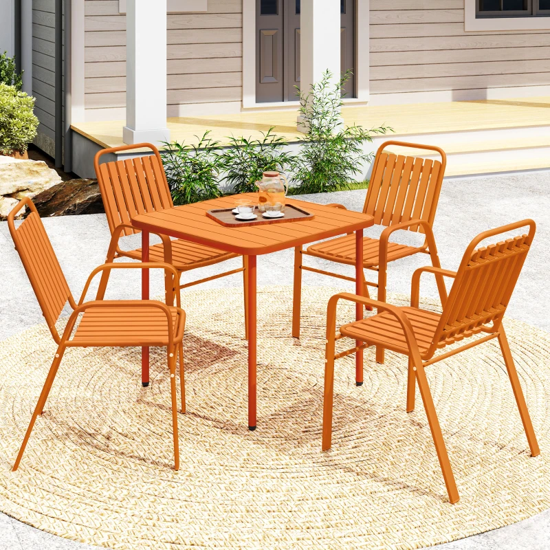 Outsunny Table de jardin extérieure avec 4 chaises empilables, plateau à lattes 80 cm, structure en acier anti-rouille, orange