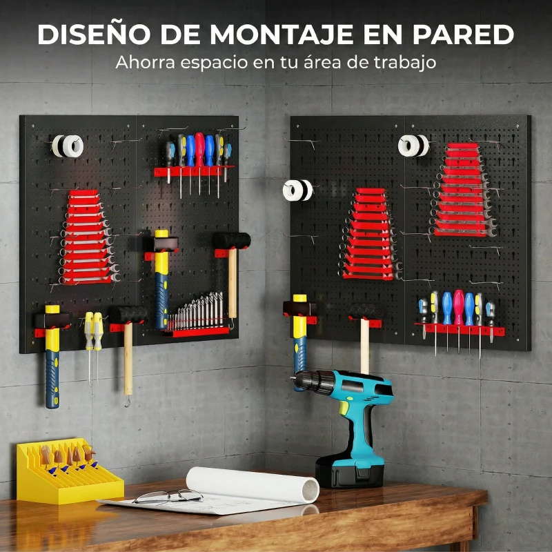 HOMCOM 4 Paneles de Herramientas de Pared 38 Piezas cada panel 60x40 cm con Ganchos y Estantes Negro y Rojo
