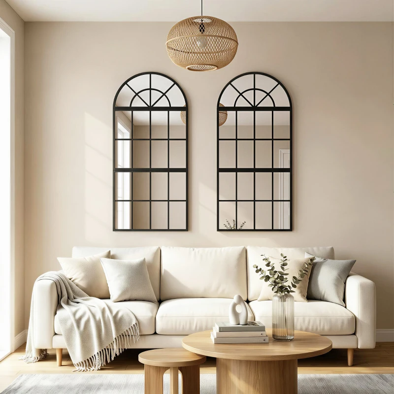 HOMCOM Large Arched Wall Mirror with Metal Grid, 3-Piece Split Window Mirrors, 120 x 54 cm, Black