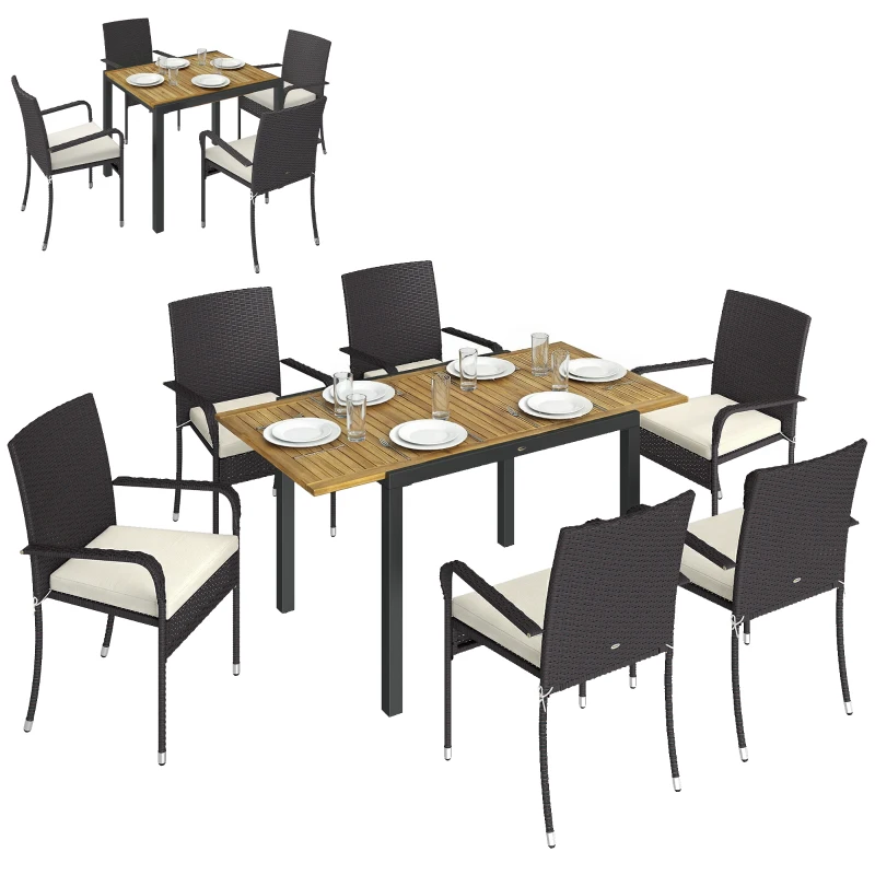 Outsunny Conjunto de Mesa e Cadeiras de Jardim em Vime 7 Peças com Mesa Extensível em Madeira e 6 Cadeiras Empilháveis Creme