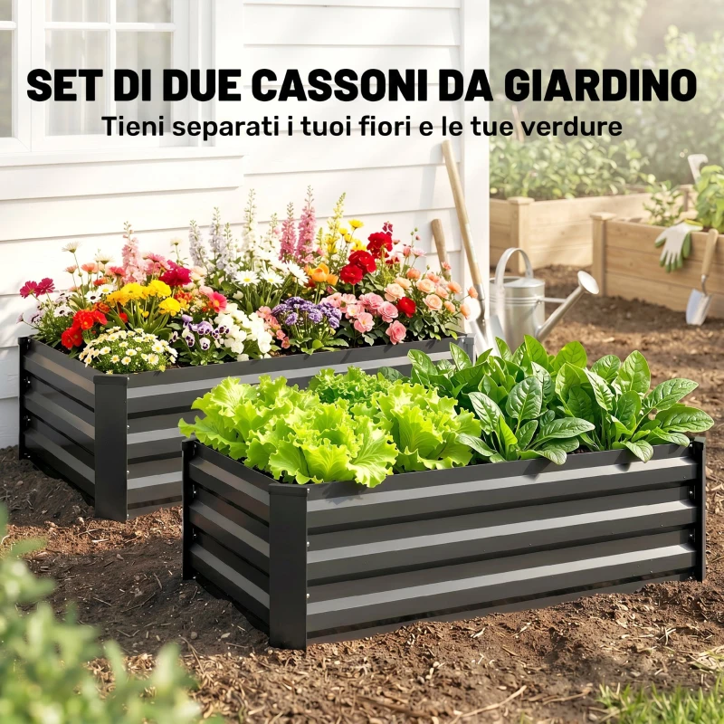 Outsunny Set di 2 Letti per Orto Rialzato con Fondo Aperto in Acciaio Galvanizzato, 100x60x30cm, Grigio