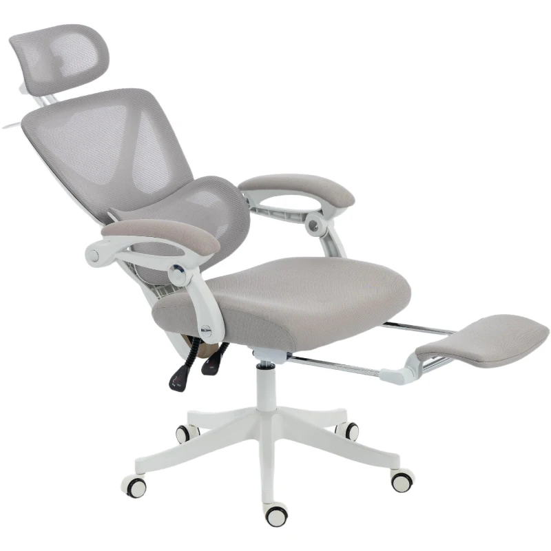 HOMCOM Silla de Escritorio de Malla Reclinable con Reposacabezas Soporte Lumbar Reposapiés y Altura Regulable Gris Claro