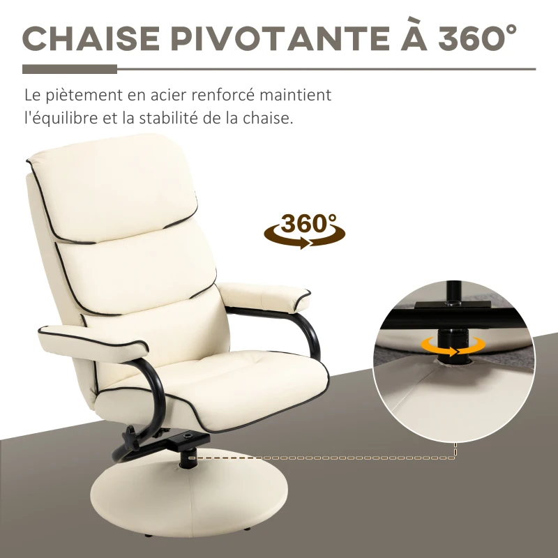 HOMCOM Fauteuil relax avec pouf, fauteuil TV avec dossier inclinable, pivotant à 360° assise rembourrée confortable, crème