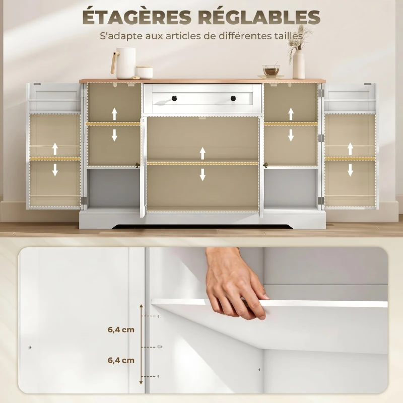 HOMCOM Buffet cuisine, meuble de rangement avec tiroir, 4 portes, étagères réglables et 6 racks de porte, 138x40x83,5cm, blanc
