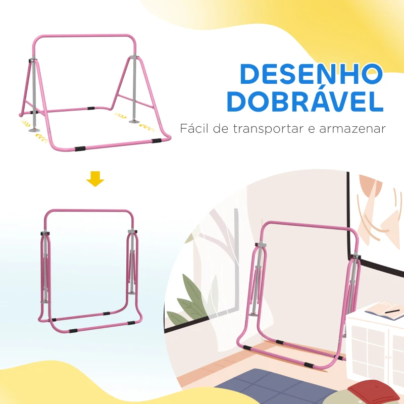 HOMCOM Barra de Ginástica para Crianças Dobrável com Altura Ajustável para Treino em Casa 154x106,2x88,5-128,5 cm Rosa