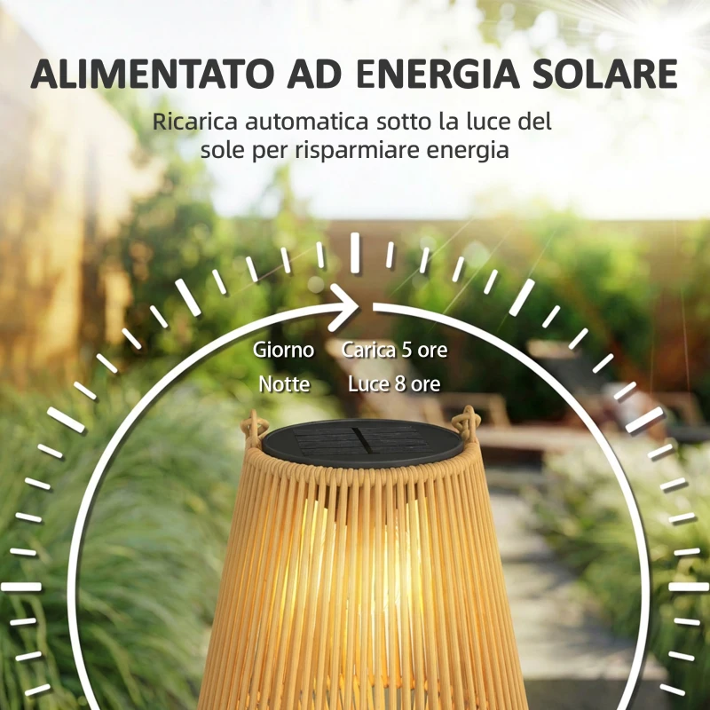 Outsunny Set di 2 Lampade Solari in Rattan,con Accensione/Spegnimento Automatico, IP44, 16x16x21 cm, Marrone