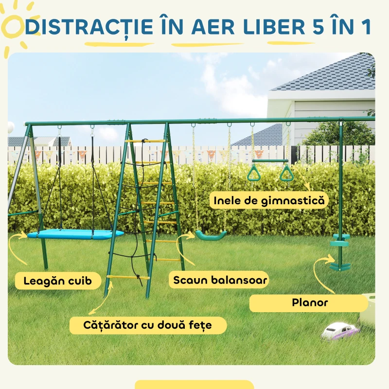 AIYAPLAY Cadru 5-în-1 pentru leagăn cu leagăn-tip-cuib reglabil, inele de gimnastică, scaun dublu, cadru de cățărare pentru 3-8 ani 440x175x203 cm