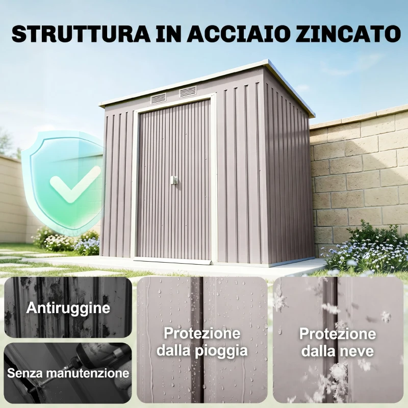 Outsunny Capanno Attrezzi con Tetto Inclinato, 2 Ingressi e Prese d'Aria, in Acciaio Zincato, 213x130x172 cm, Grigio