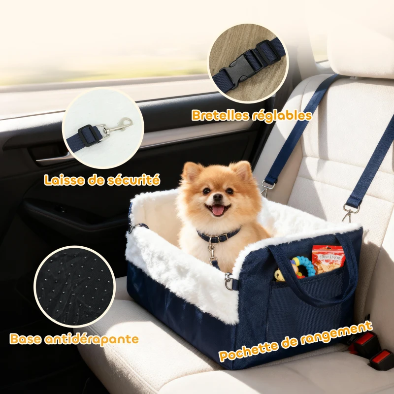 PawHut Siège auto pour chien avec ceinture de sécurité et fixation, siège de voiture pour chiens 55 x 46 x 32 cm bleu marine