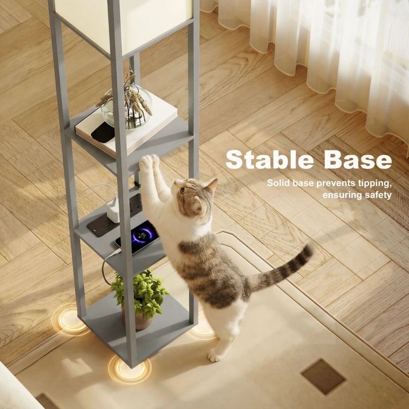 HOMCOM Floor Lamp with Shelves, 3 Layer Column Modern Standing Lamp for Living Room, Bedroom, Office, Grey