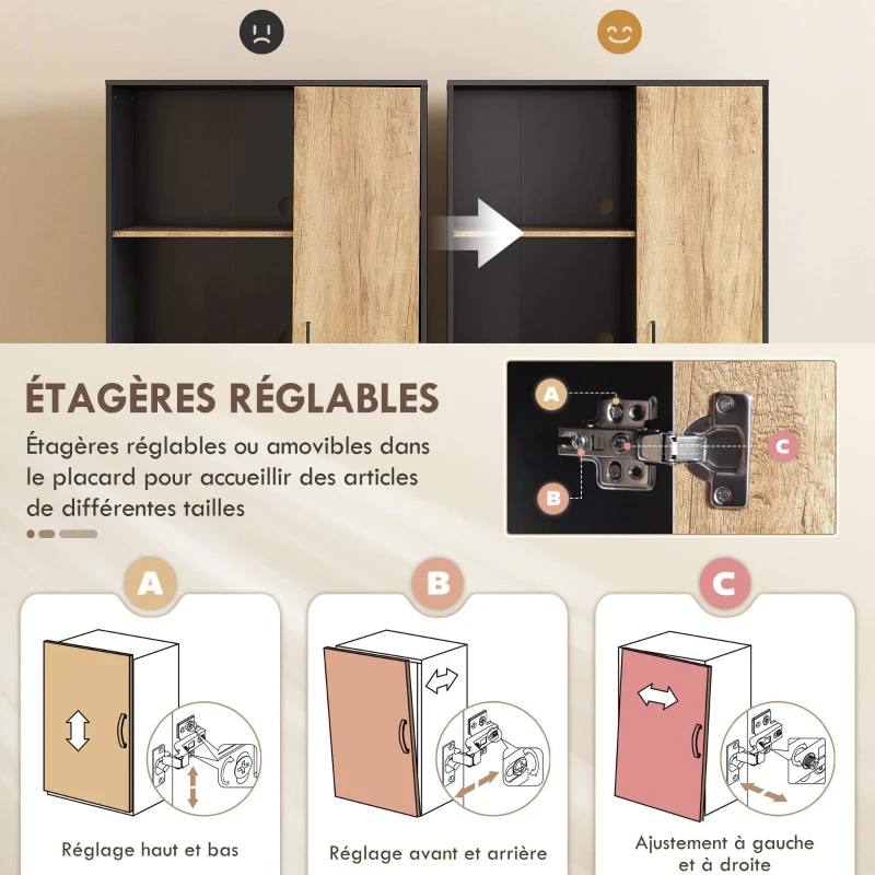 HOMCOM Armoire de cuisine meuble de rangement, 2 tiroirs 1 placard 2 niches et étagères réglables, 88x35x160cm, noir et naturel
