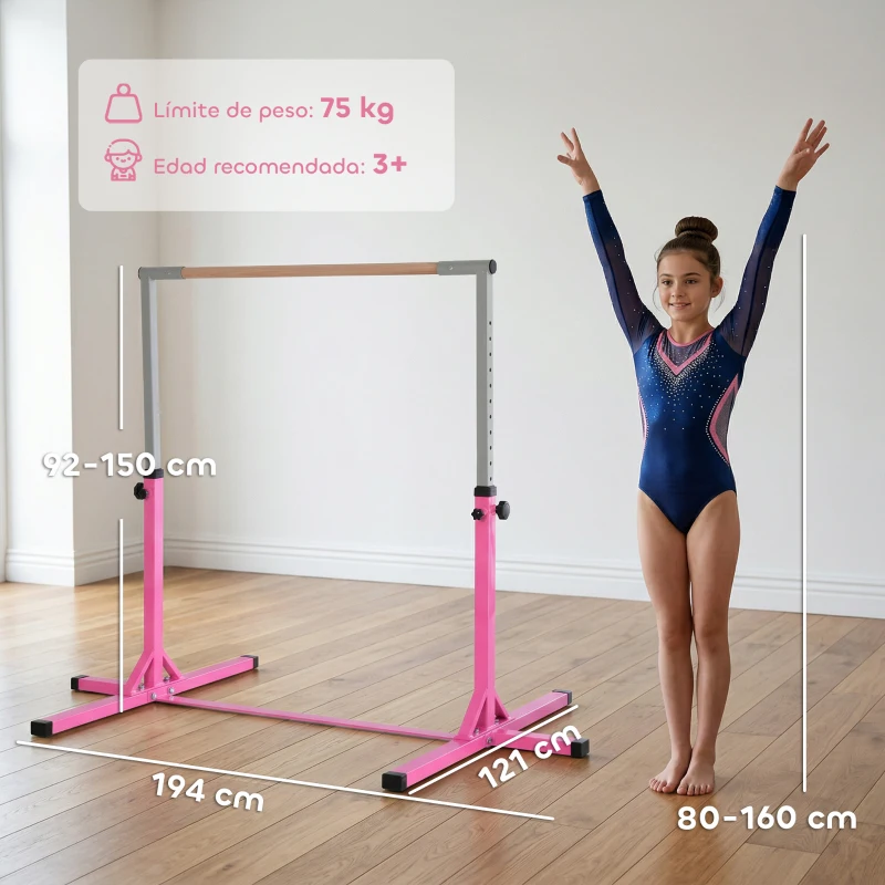 HOMCOM Barra de Gimnasia para Niños de +3 Años Barra de Entrenamiento Altura Ajustable 92-150 cm Carga 75 kg 194x121x150cm Rosa