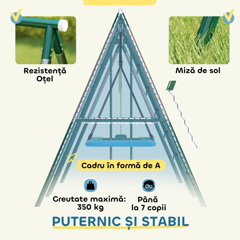 AIYAPLAY Cadru 5-în-1 pentru leagăn cu leagăn-tip-cuib reglabil, inele de gimnastică, scaun dublu, cadru de cățărare pentru 3-8 ani 440x175x203 cm