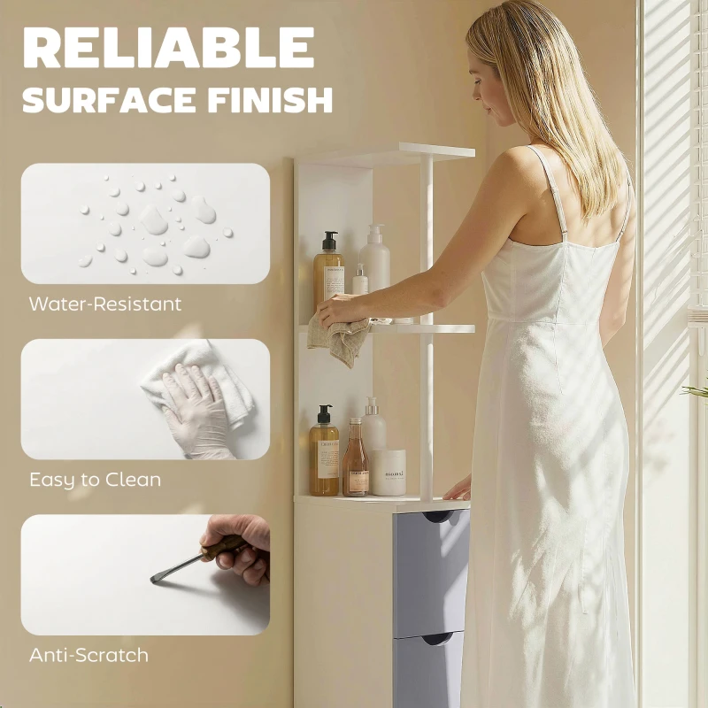 HOMCOM Tall Bathroom Cabinet, Freestanding Slim Bathroom Storage Cabinet with 2-Tier Open Shelf and 2 Drawers for Small Space, Narrow Cupboard Storage Unit, White and Grey