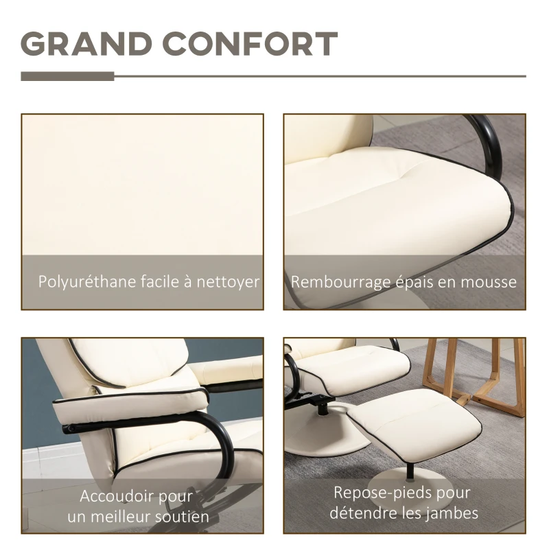 HOMCOM Fauteuil relax avec pouf, fauteuil TV avec dossier inclinable, pivotant à 360° assise rembourrée confortable, crème
