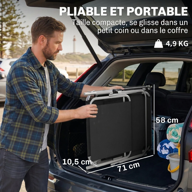 Outsunny Transat Bain de Soleil Pliable Chaise Longue Pliante Grand Confort Dossier Inclinable Multi-positions et Pare-Soleil réglable Dim. 187L x 58l x 36H cm Noir