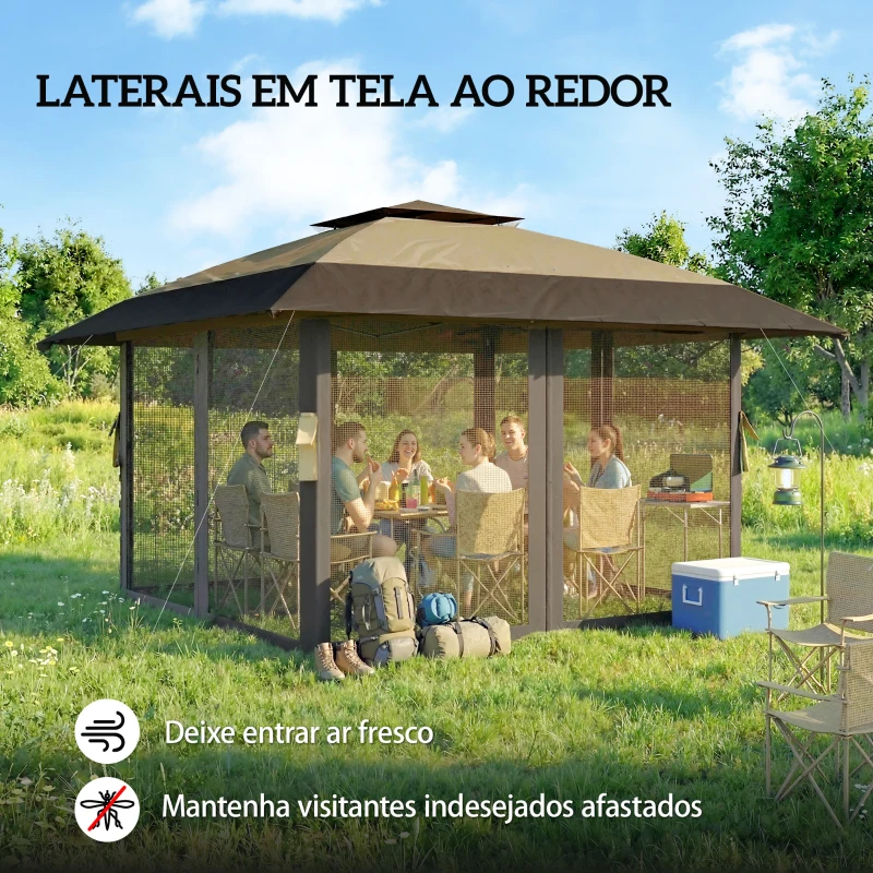 Outsunny Tenda Dobrável 4x4 m Pop-up com Telhado Duplo, 4 Laterais em Rede, Altura Regulável, Bolsa de Transporte, UPF30+, Caqui