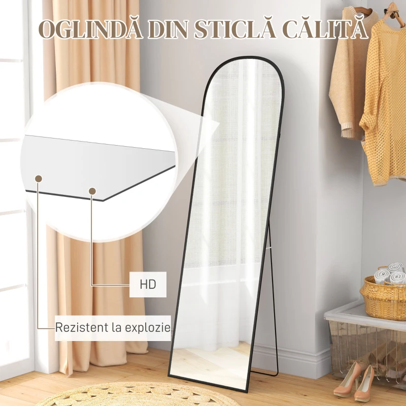 HOMCOM Oglindă de podea și perete modernă din aliaj de aluminiu cu suport pliabil, 50x170 cm, negru