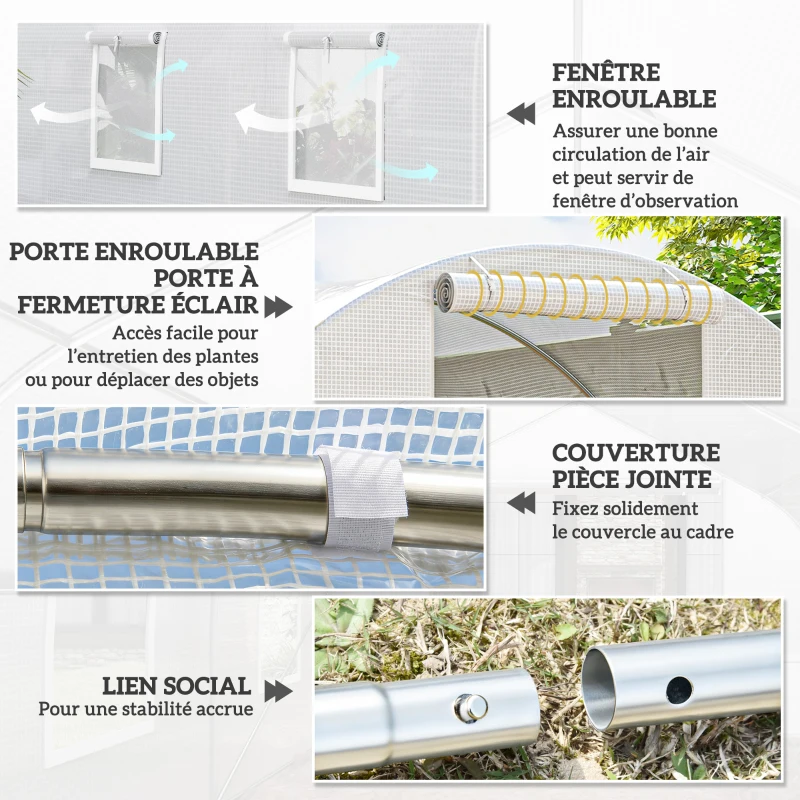 Outsunny Serre de jardin tunnel 13,5 m² 6 fenêtres, porte zippée enroulable châssis acier galvanisé, bâche PE 4,5 x 3 x 2 m blanc