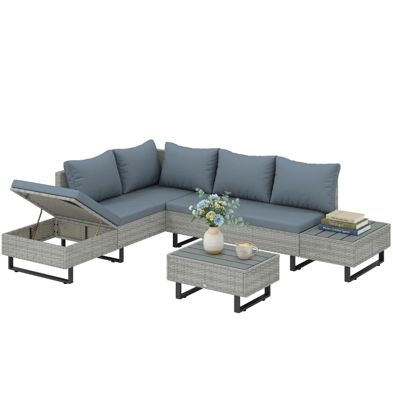 Outsunny 5 Seater Rattan Garden Furniture Set, L Shaped Garden Corner Sofa, Adjustable Back, Faux Wood Tables, Grey