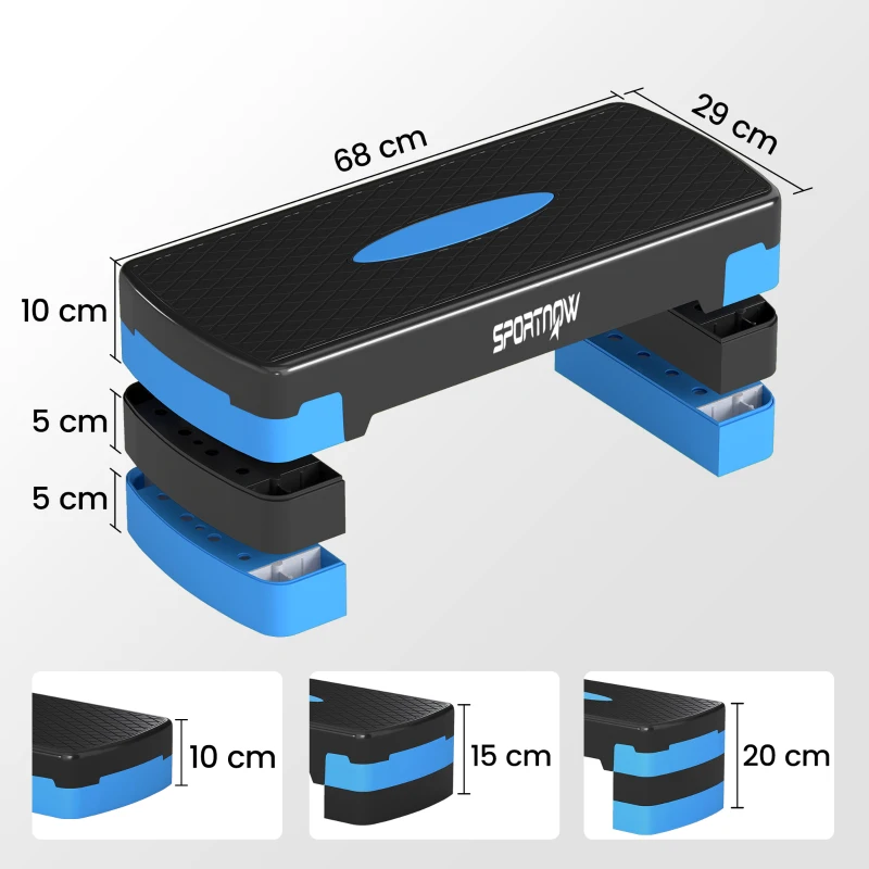 SPORTNOW Stepper Fitness Aérobic 3 Niveaux, Hauteur Réglable 10/15/20 cm avec Rehausses, Surface Antidérapante, 68x29x20cm, Bleu