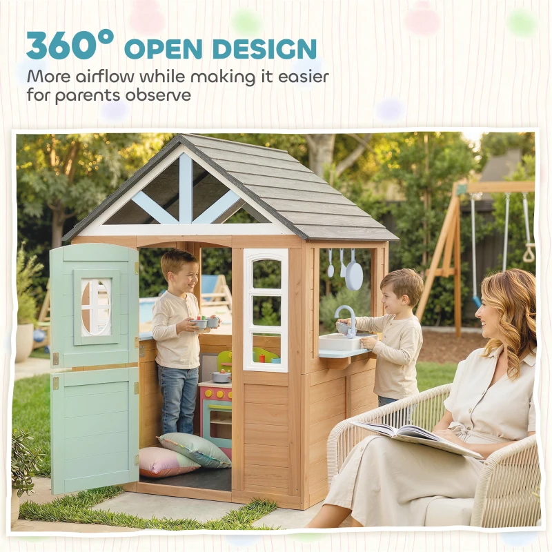 AIYAPLAY Wooden Playhouse for Kids, Wendy House with Pet Door, Play Kitchen, Half Door and Windows for Indoor Outdoor, Ages 2+
