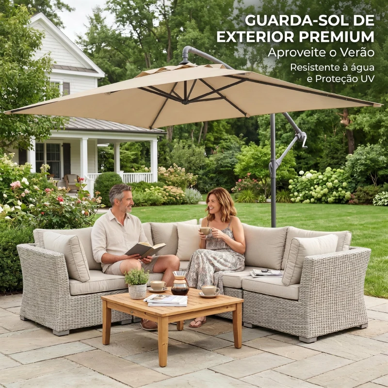 Outsunny Chapéu de Sol Excêntrico 294x193 cm Chapéu de Sol de Jardim com Base Cruzada e Manivela Impermeavel Proteção UV Bege