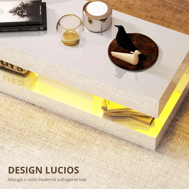 HOMCOM Masa de cafea cu sertare și lumini LED, masă laterală modernă cu raft deschis, masă de cafea, placaj, Alb